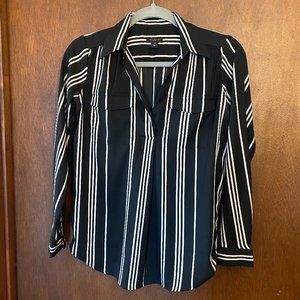 Ann Taylor Black and White Vertical Striped Camp Shirt Blouse with Front Pocket